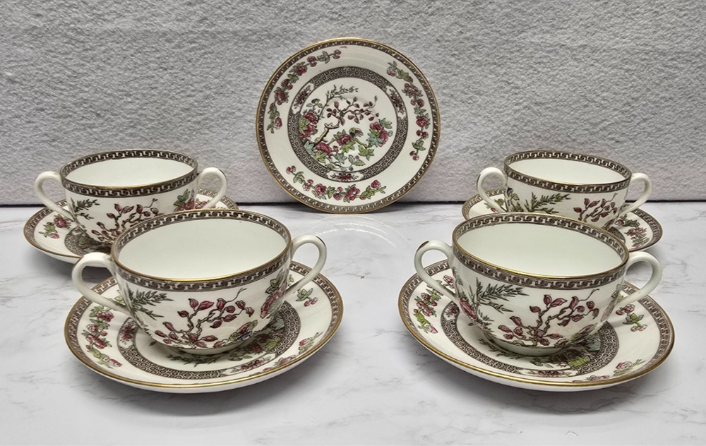 Set of 4 Copeland Spode England India Tree Bone China Bouillon Cup and Saucer